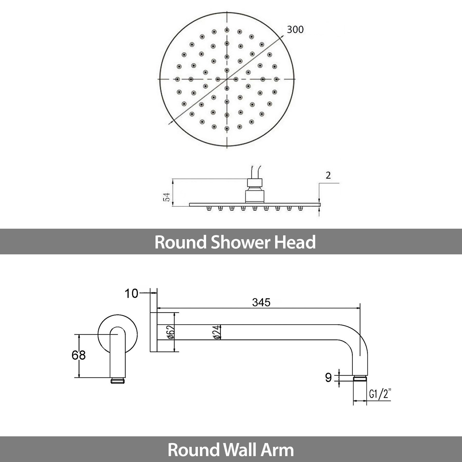 300mm Slimline Round Stainless Steel Shower Head with Round Wall Arm