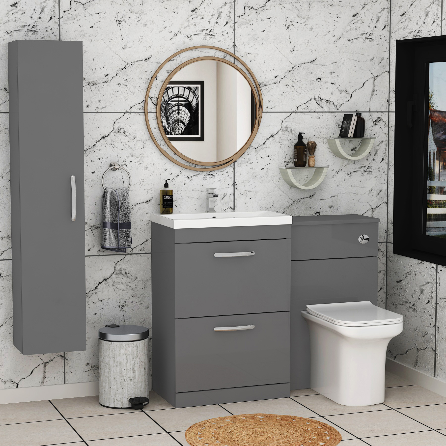 Turin 1100mm Indigo Grey Gloss 2-Drawers Mid-Edge Basin with Crosby Back to Wall Toilet Pack