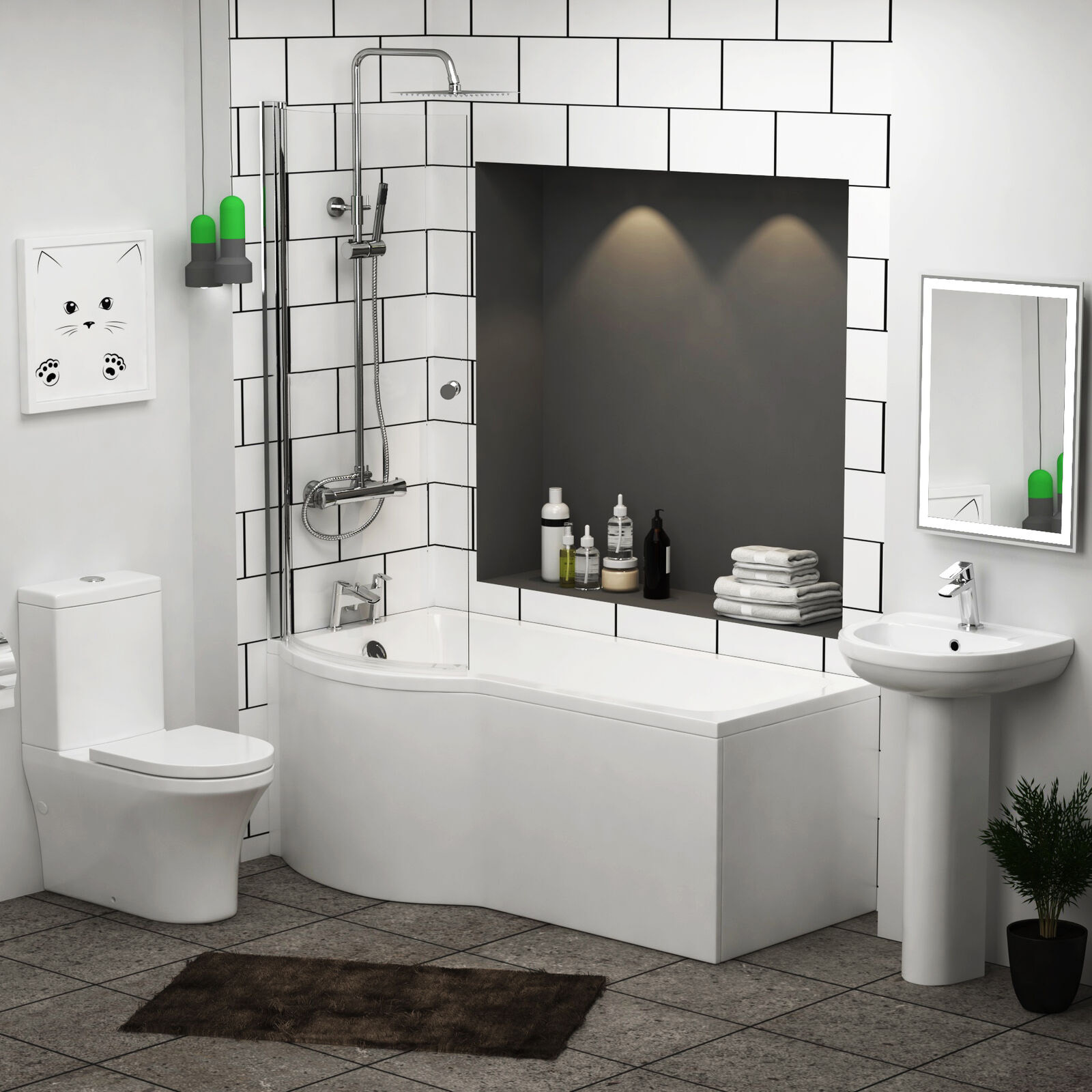 Elva P Shaped Shower Bath Left Hand with Screen + Front Panel