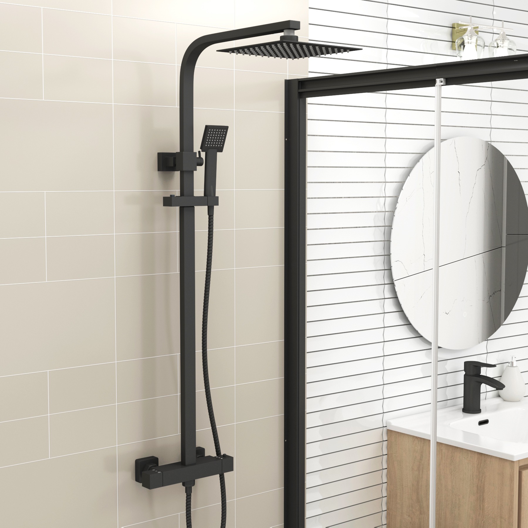 Milan Matt Black Square Thermostatic Valve Bar Shower Kit
