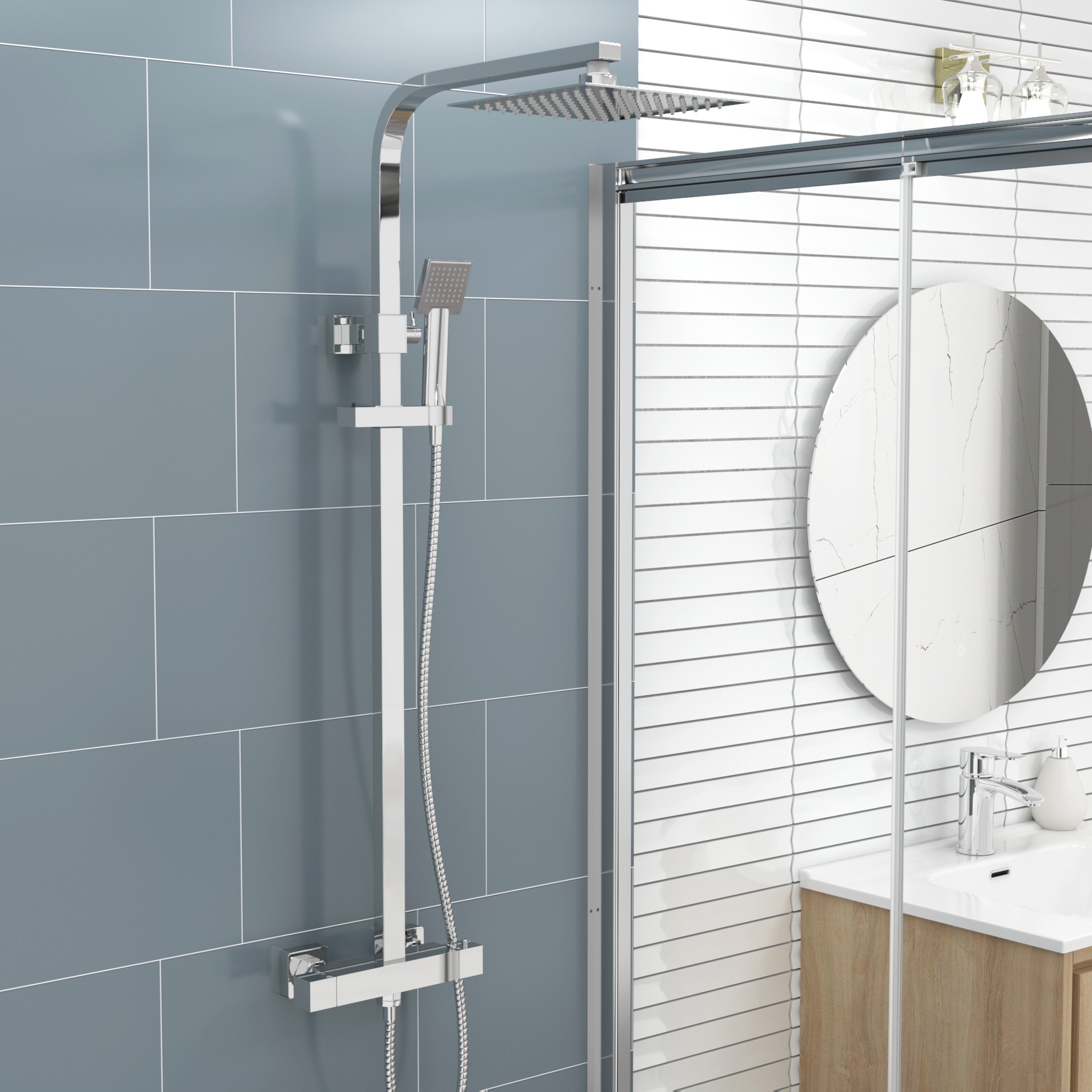 Cube Chrome Square Thermostatic Bar Shower With Kit