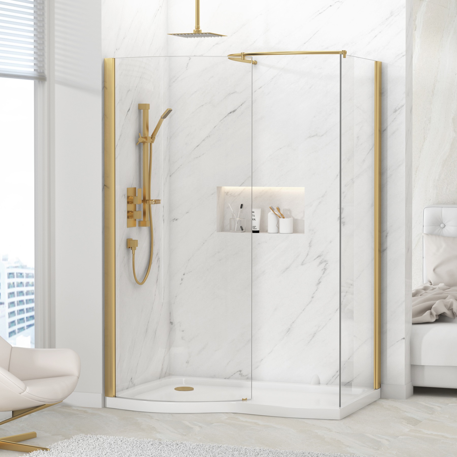 Milan 1400 x 900mm Curved Walk In Enclosure 8mm Glass + LH Tray - Brushed Brass