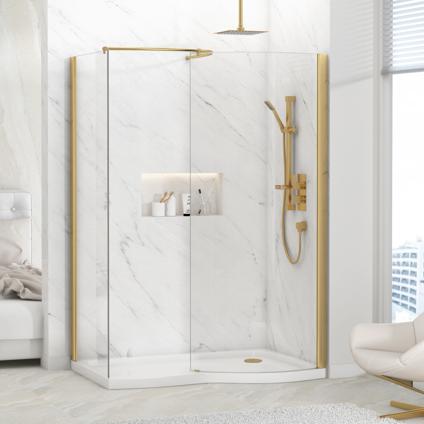 Milan 1400 x 900mm Curved Walk In Enclosure 8mm Glass + RH Tray - Brushed Brass