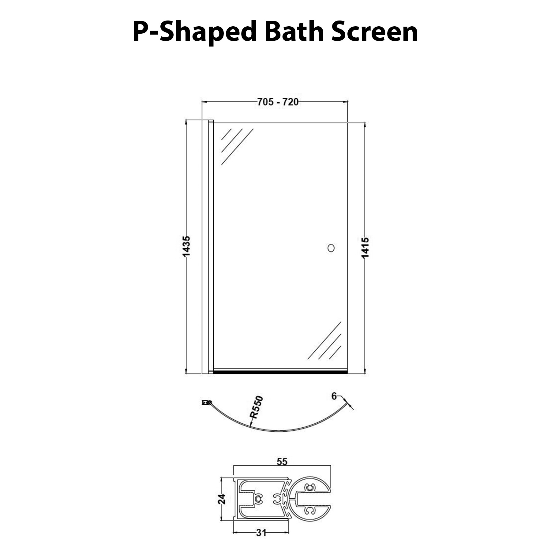 Elva P Shaped Shower Bath Left Hand with Screen + Front Panel