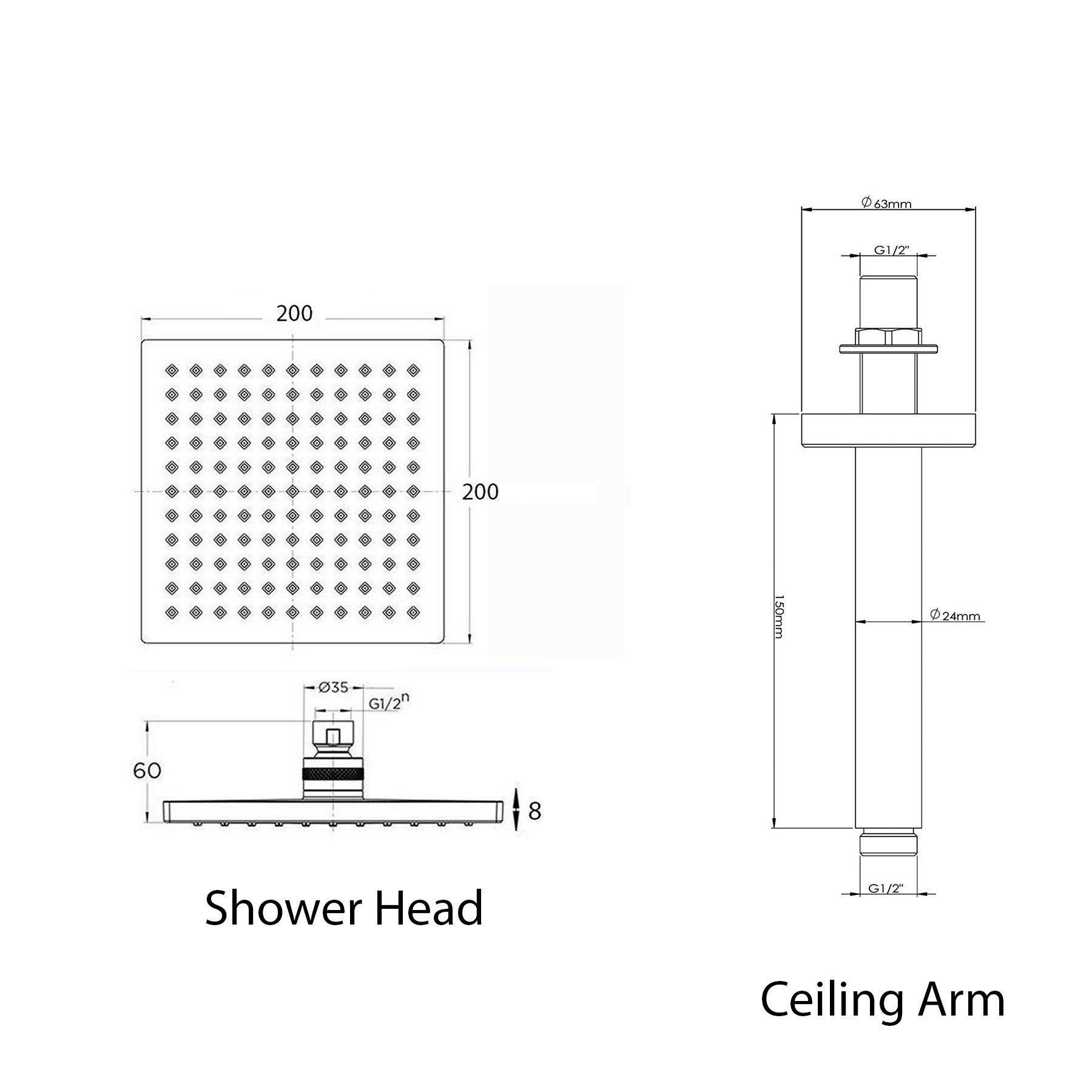 200mm Square ABS Plastic Shower Head with Ceiling Mounted Arm Royal