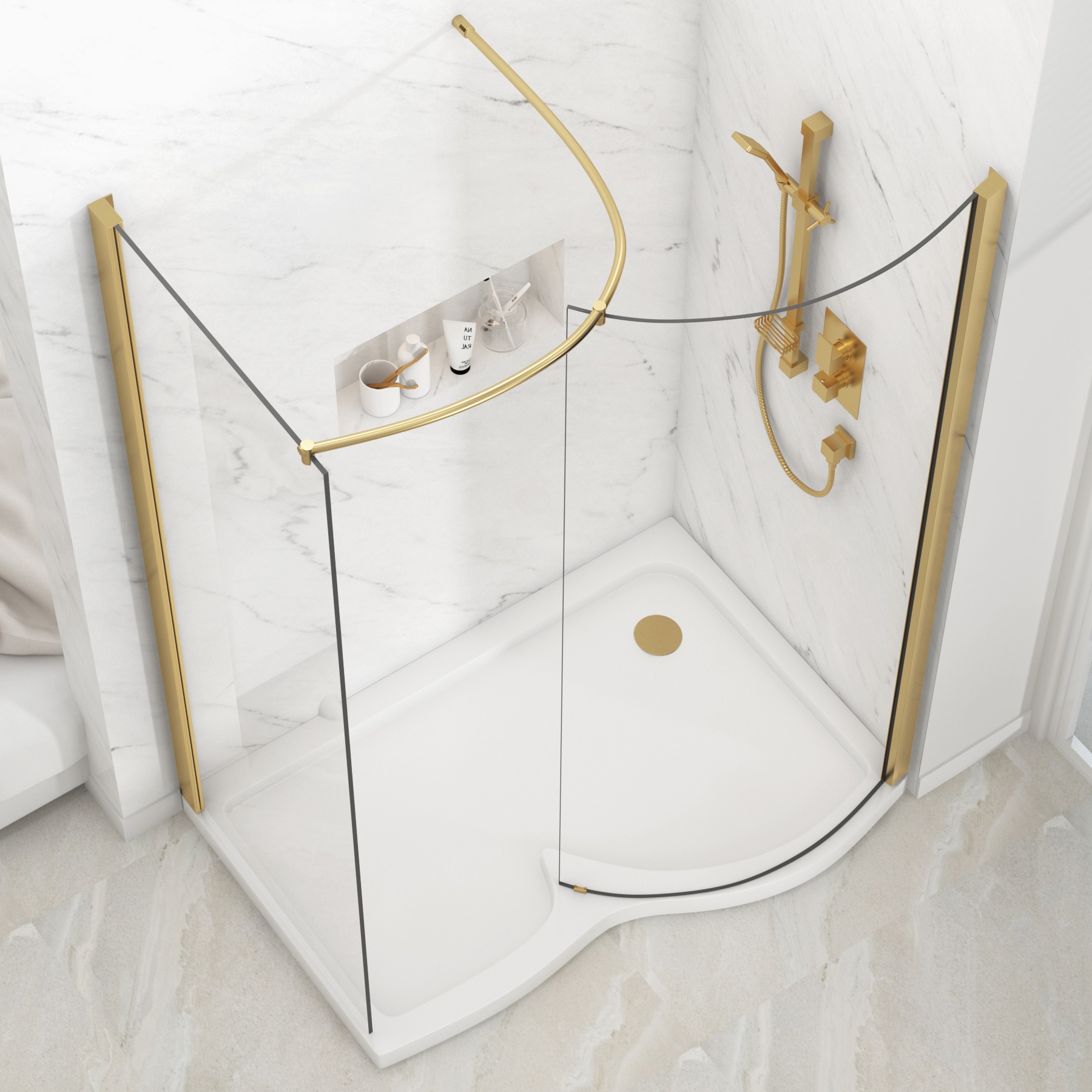 Milan 1400 x 900mm Curved Walk In Enclosure 8mm Glass + RH Tray - Brushed Brass