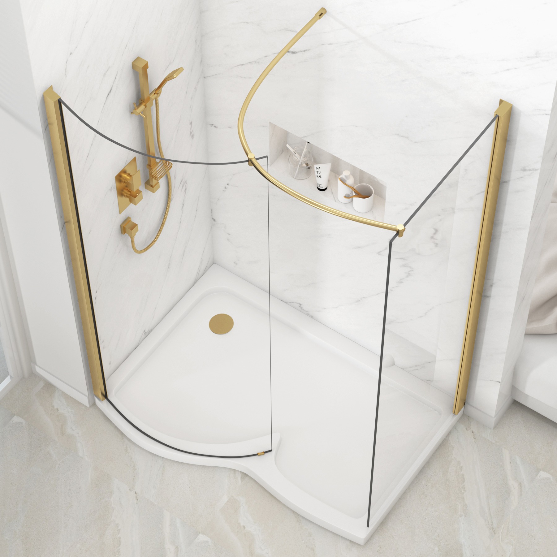 Milan 1400 x 900mm Curved Walk In Enclosure 8mm Glass + Tray - Brushed Brass