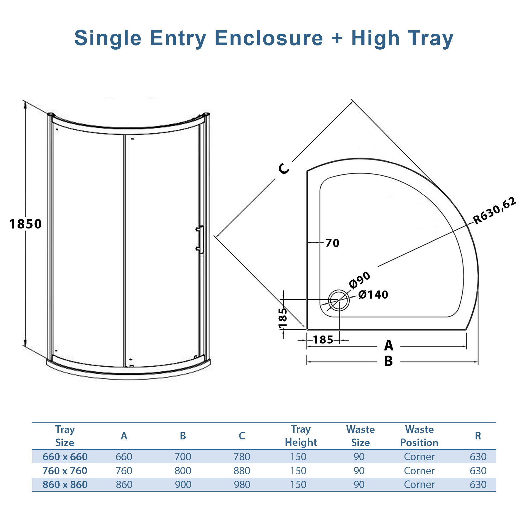 Bow 6mm Single Door Quadrant Shower Enclosure + High Tray - Various Sizes