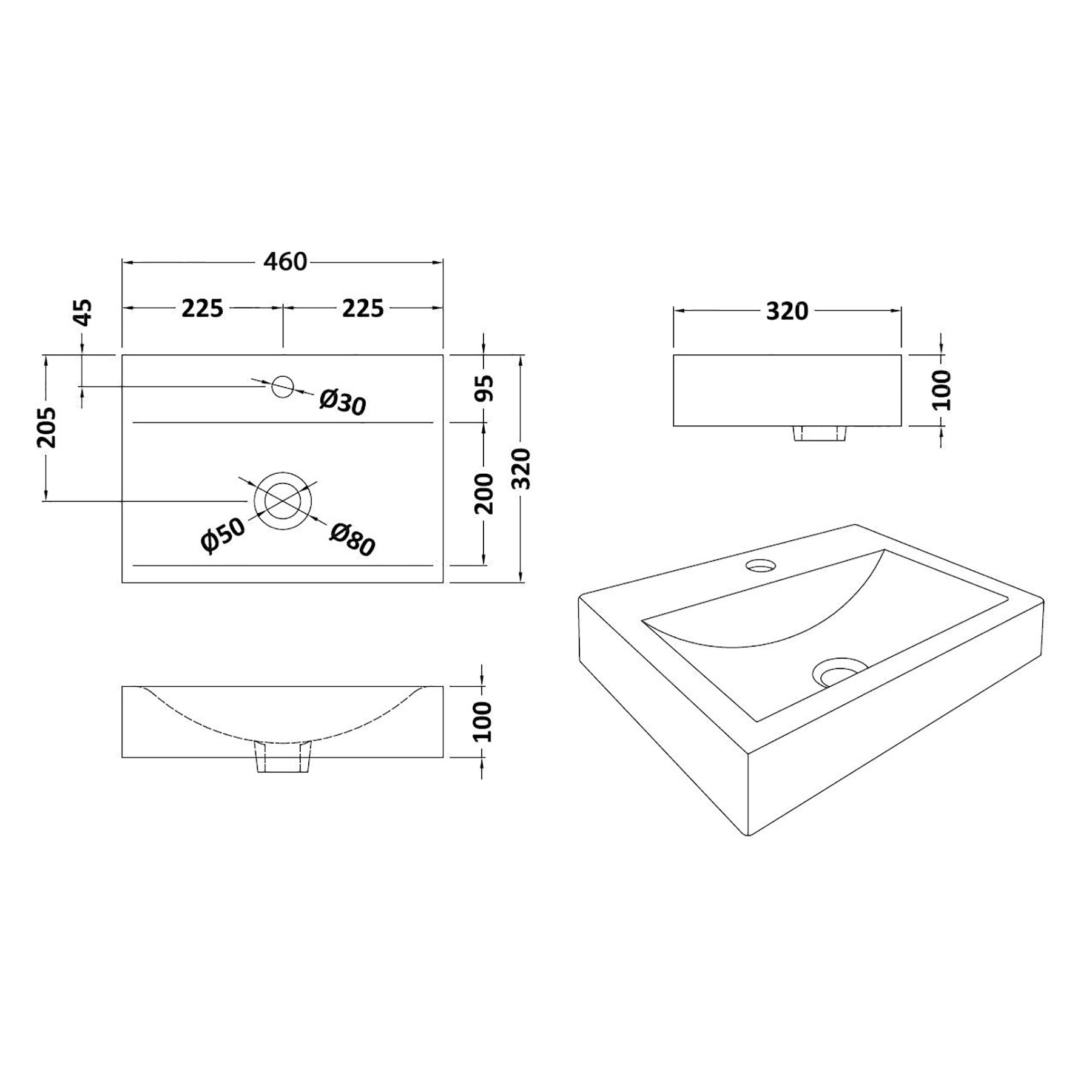 Icona Rectangular Counter Top Basin Vessels 450mm 1 Tap Hole