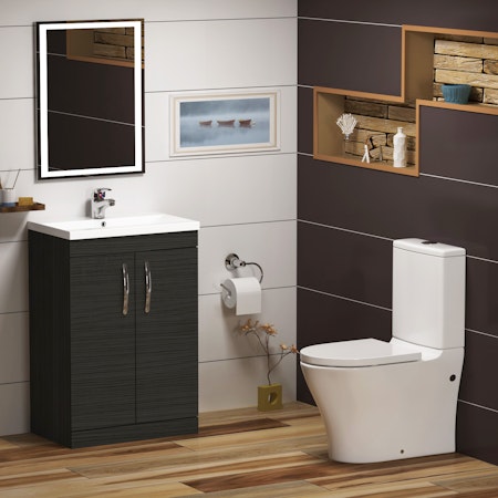 Cloakroom suite 600mm Hale Black 2 Door Floor Standing Vanity Unit With Close Coupled Toilet and Soft Close Seat