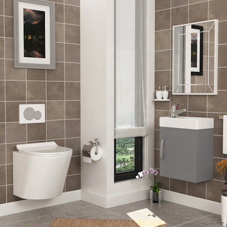 Cloakroom Suite 400mm Indigo Grey Gloss 1 Door Wall Hung Vanity Unit Basin & Cesar Wall Hung Toilet Toilet