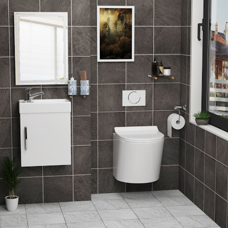 Cloakroom Suite 400mm Gloss White 1 Door Wall Hung Vanity Unit Basin & Cesar Wall Hung Toilet Toilet