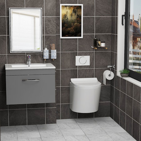 Cloakroom Suite 600mm Indigo Grey Gloss 1 Drawer Wall Hung Vanity Unit Mid Edge Basin & Cesar Wall Mounted Toilet