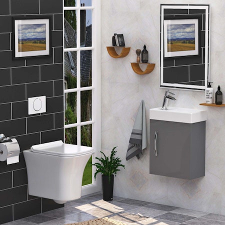 Cloakroom Suite 400mm Indigo Grey Gloss 1 Door Wall Hung Vanity Unit Basin & Cube Wall Hung Toilet Toilet