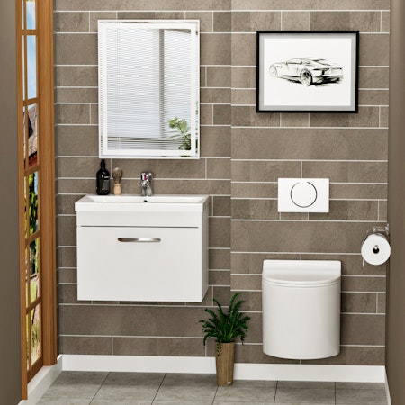 Cloakroom Suite 600mm Gloss White 1 Drawer Wall Hung Vanity Unit Mid Edge Basin & Cesar Wall Mounted Toilet