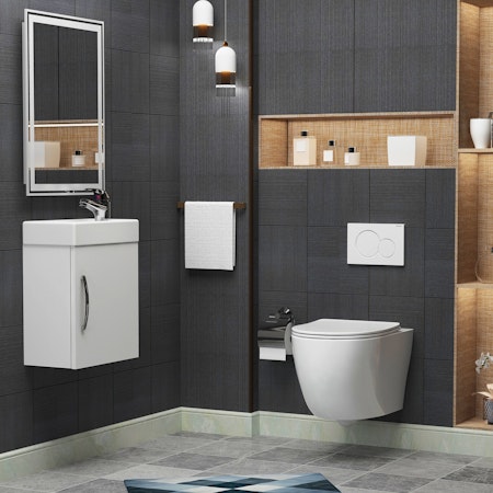 Cloakroom Suite 400mm Gloss White 1 Door Wall Hung Vanity Unit Basin & Abacus Wall Hung Toilet Toilet