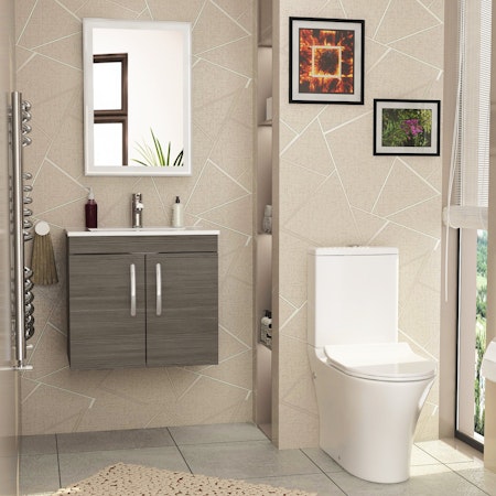 Cloakroom Suite 500mm Grey Elm 2 Door Wall Hung Vanity Unit Basin With Peak Rimless Toilet & Slim Soft Close Seat