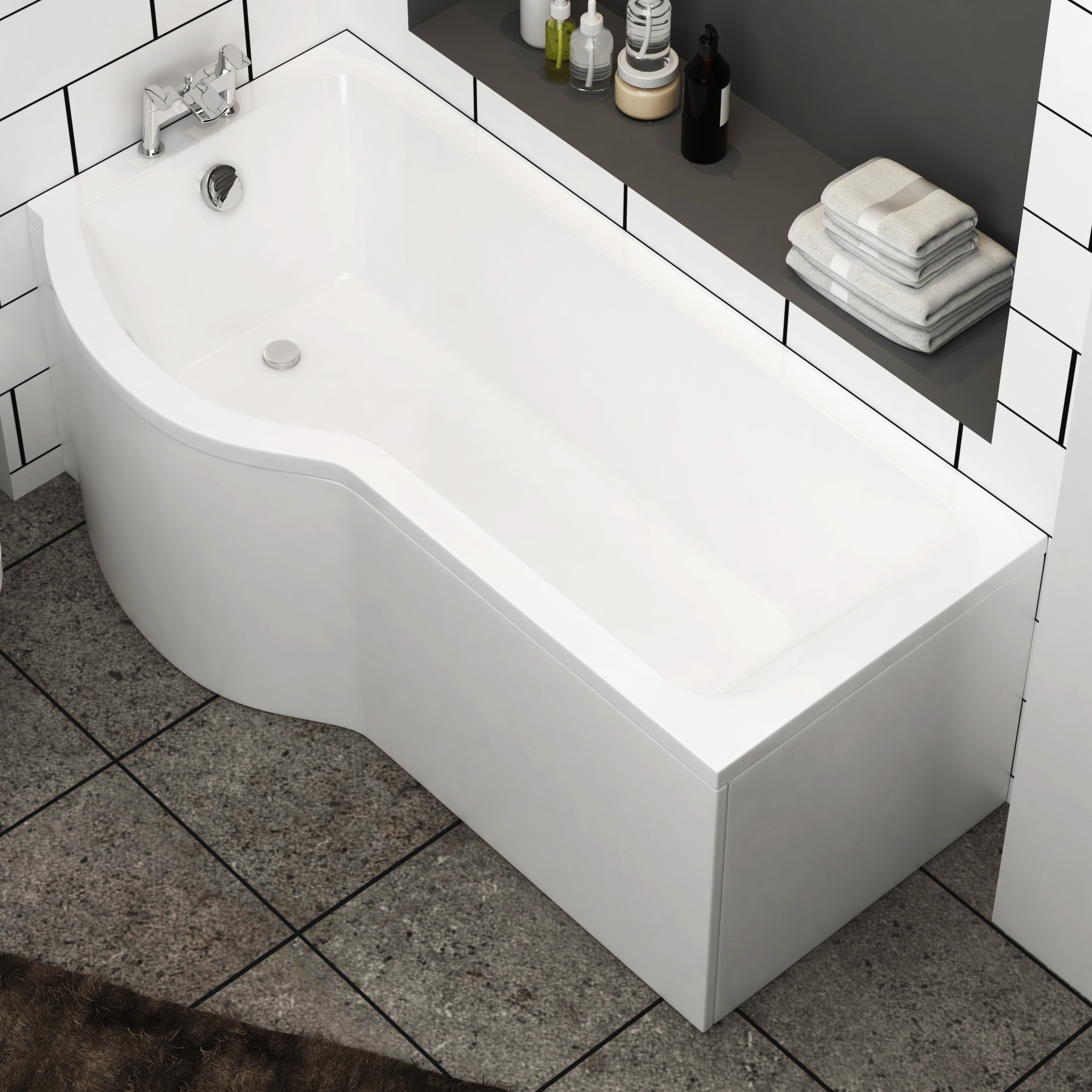 Elva P Shaped Shower Bath Left Hand with Screen + Front Panel
