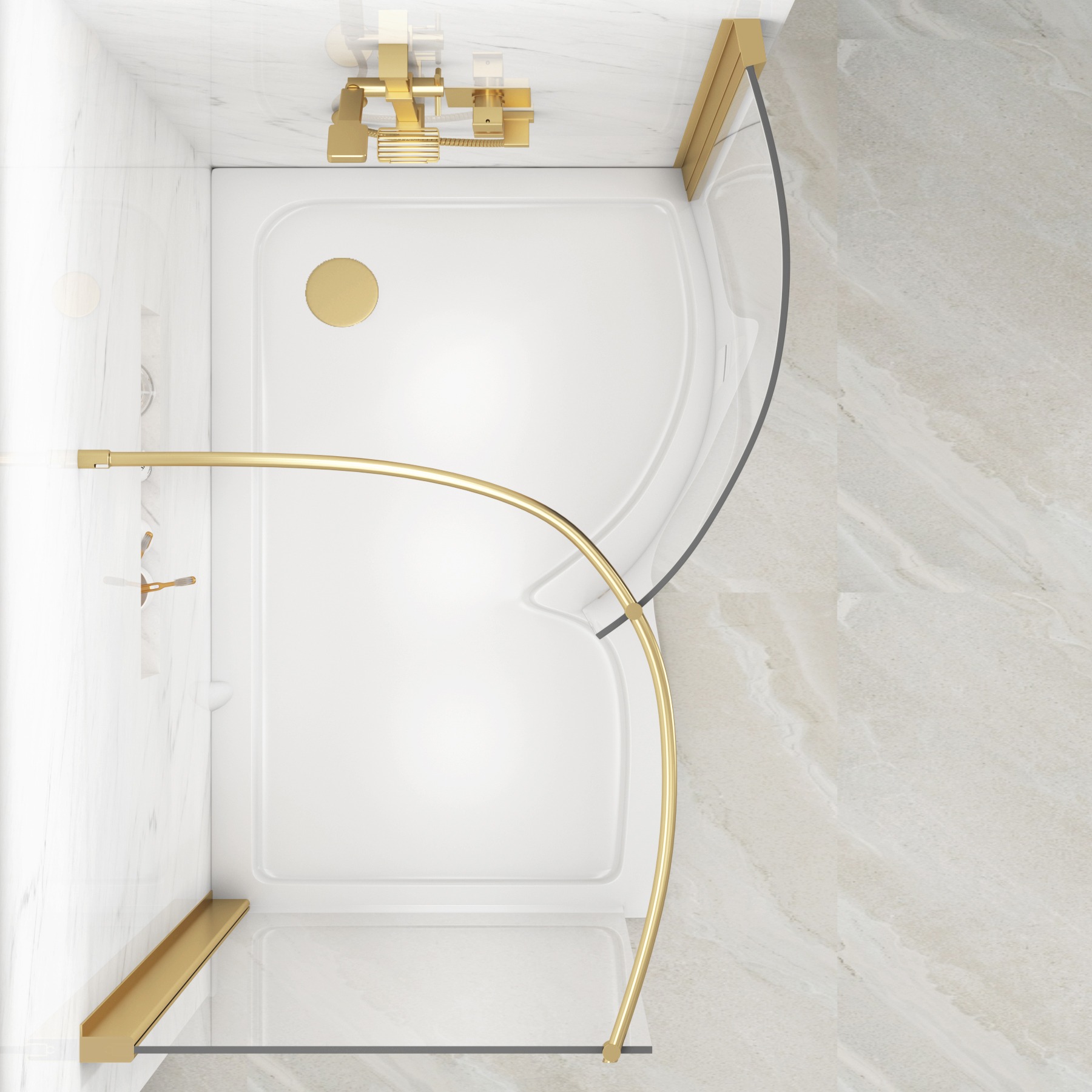 Milan 1400 x 900mm Curved Walk In Enclosure 8mm Glass + RH Tray - Brushed Brass