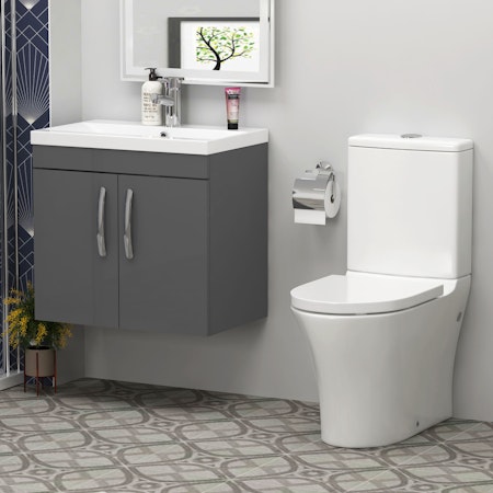 Cloakroom Suite 500mm Wall Hung Vanity Unit 2 Door Indigo Grey Gloss With Peak Toilet And Soft Close Seat