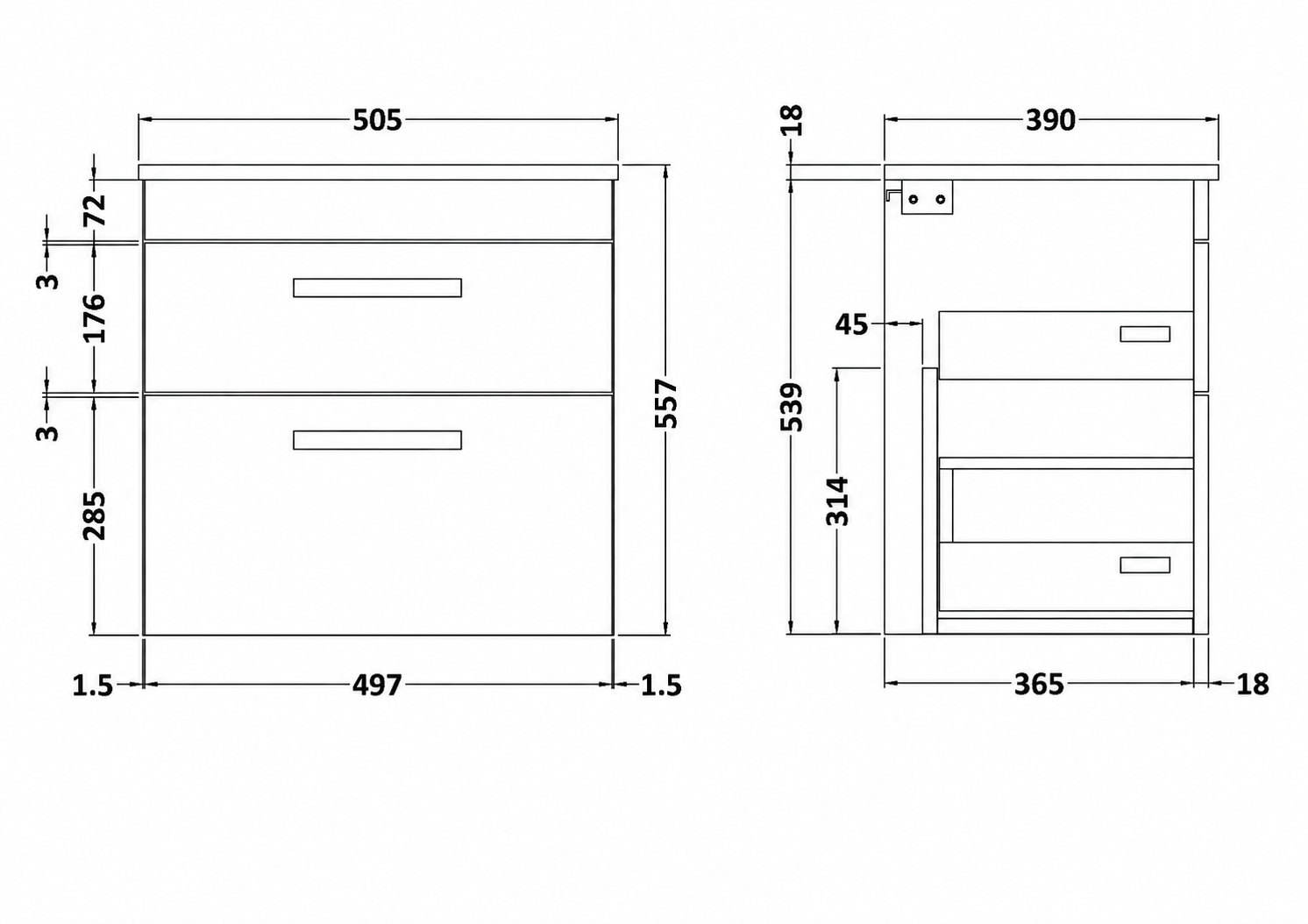 Turin 500mm Wall Hung Vanity Unit 2 Drawer Matt Black & Various Countertop Basins
