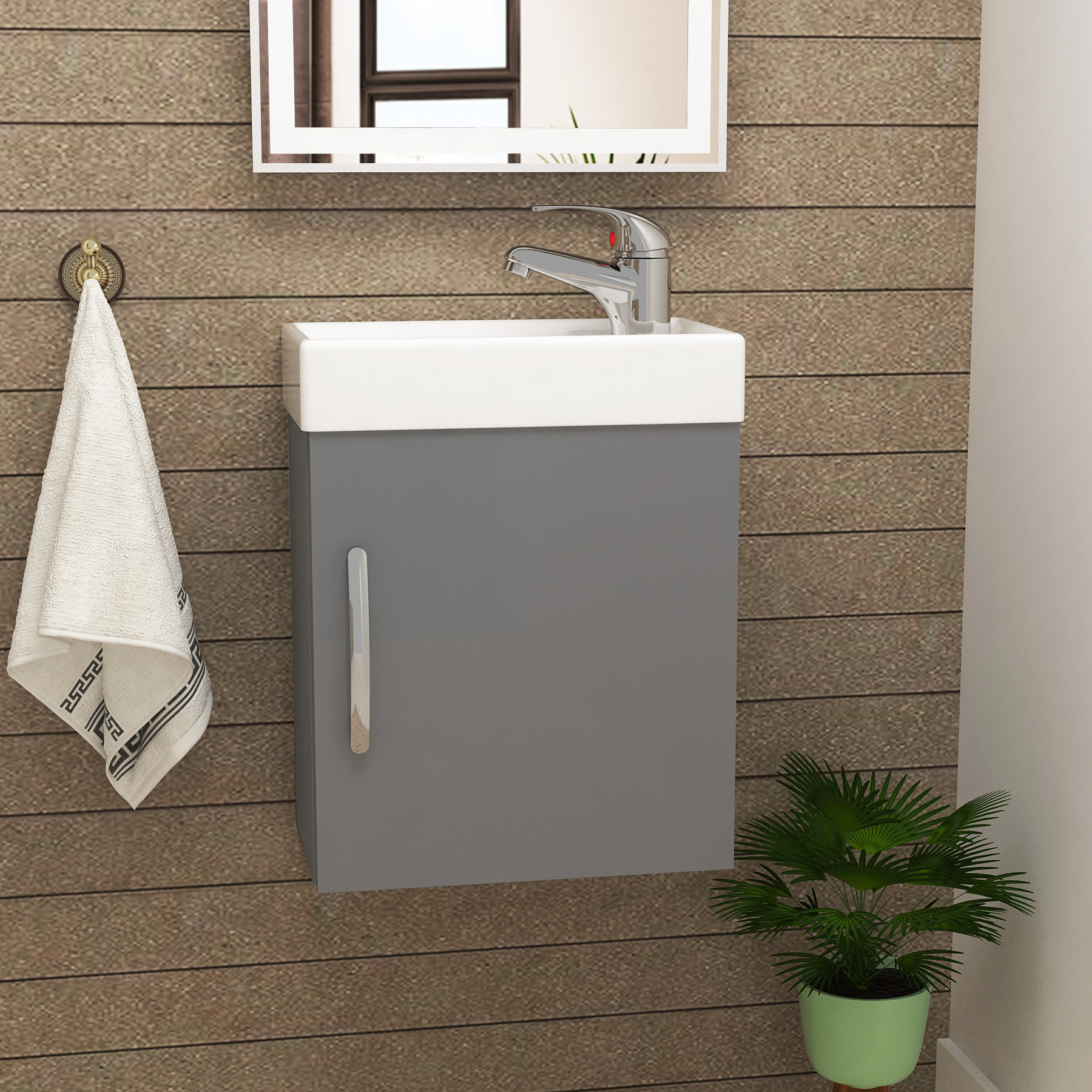 Cloakroom Suite 400mm Indigo Grey Gloss 1 Door Wall Hung Vanity Unit Basin & Breeze Wall Hung Toilet