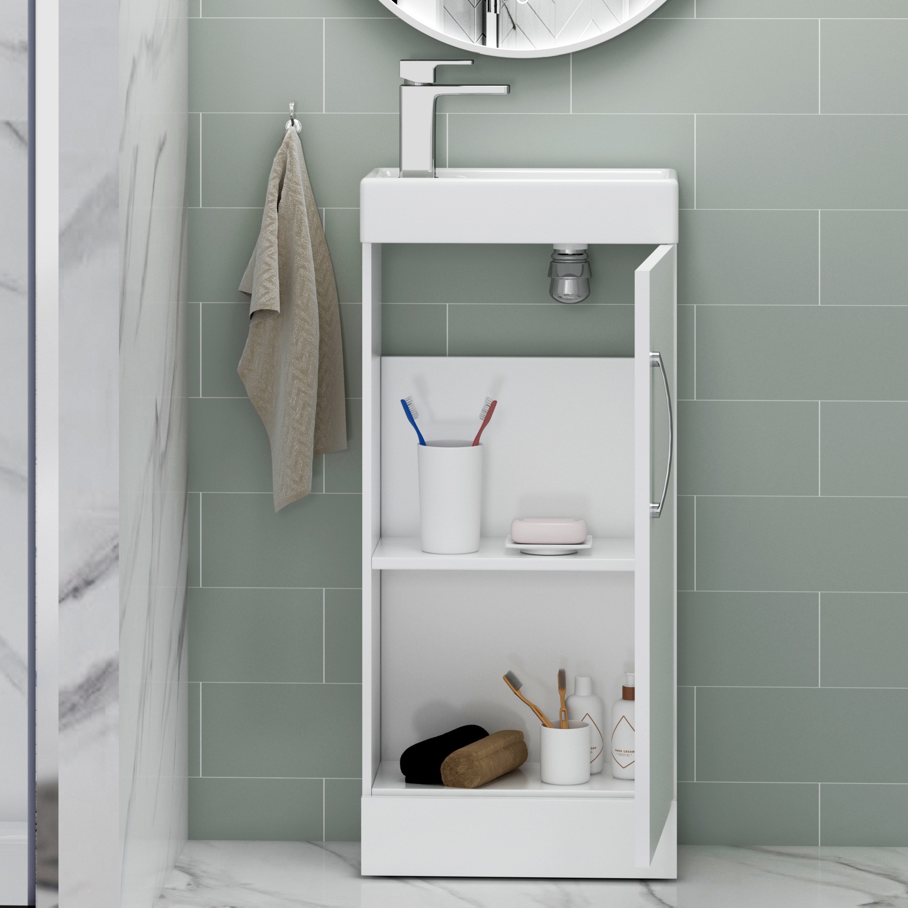 700mm Pivot Shower Door En-Suite with Cube Rimless Toilet & Como Freestanding Vanity Unit Cabinet