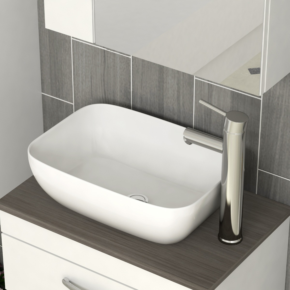 600mm Wall Hung Vanity Unit 2 Drawer Gloss White & Elva Countertop Basin 