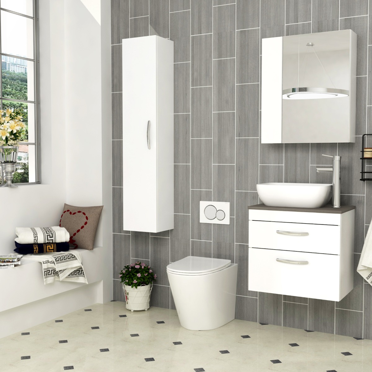 500/600/800mm Wall Hung Vanity Unit 2-Drawer Gloss White & Elva Countertop Basin - Various Sizes