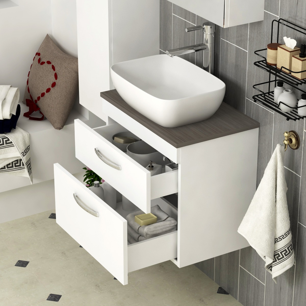 500/600/800mm Wall Hung Vanity Unit 2-Drawer Gloss White & Elva Countertop Basin - Various Sizes