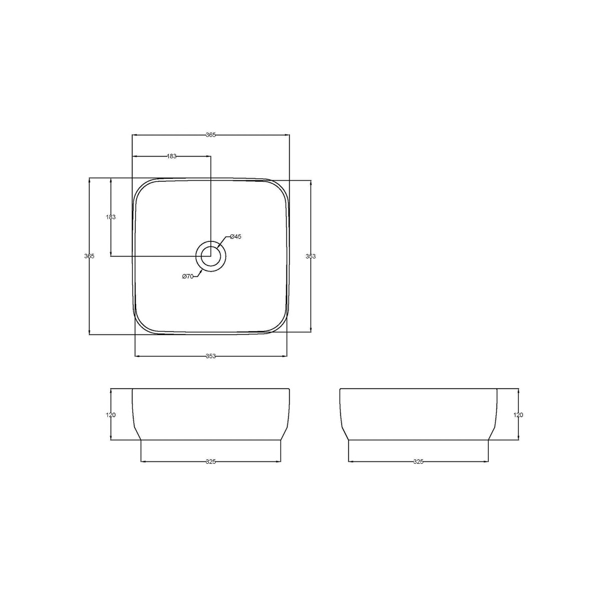 Elena Soft Square Counter Top Basin Vessels 365mm Sit On Worktop