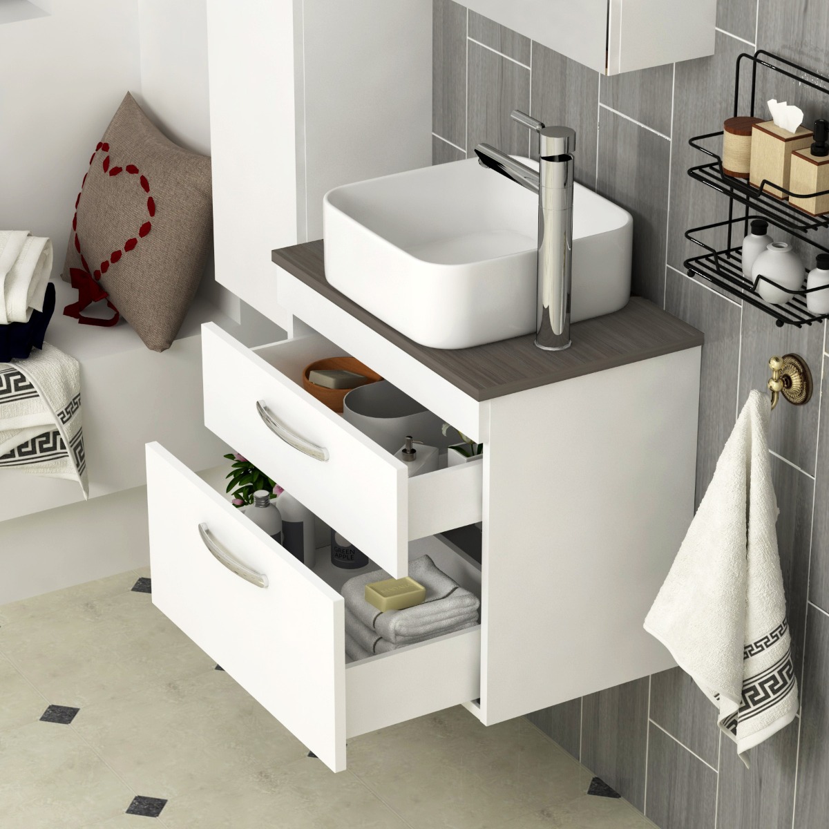 600mm Wall Hung Vanity Unit 2 Drawer Gloss White & Elena Countertop Basin 