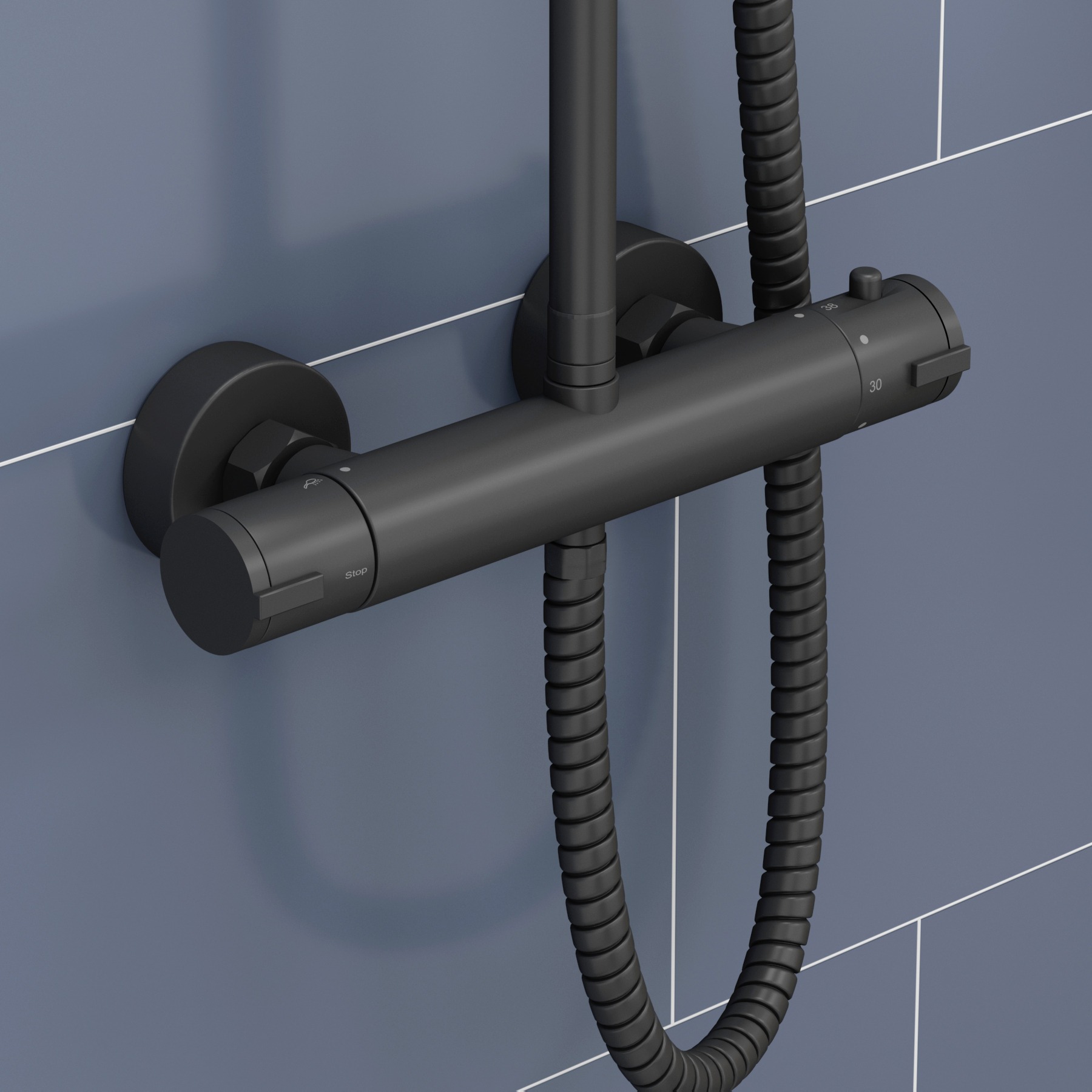 Milan Matt Black Round Thermostatic Valve Bar Shower Kit