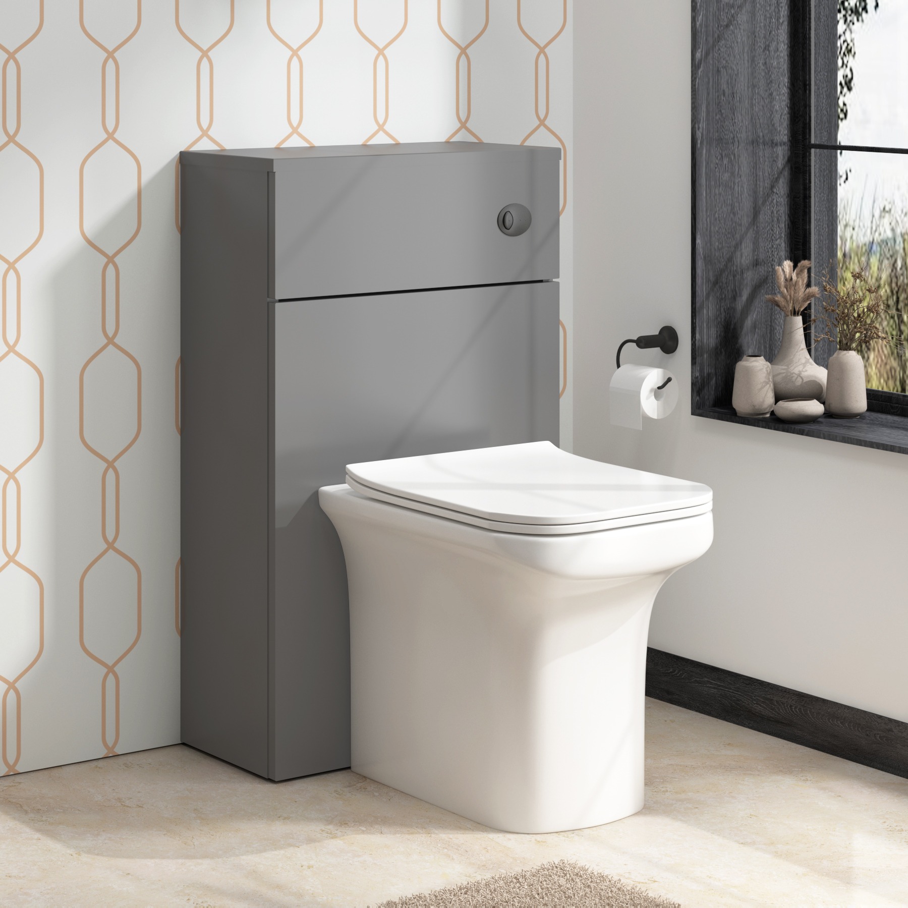 500mm Grey Gloss BTW WC Unit with Crosby Rimless Toilet Pan & Seat, Cistern