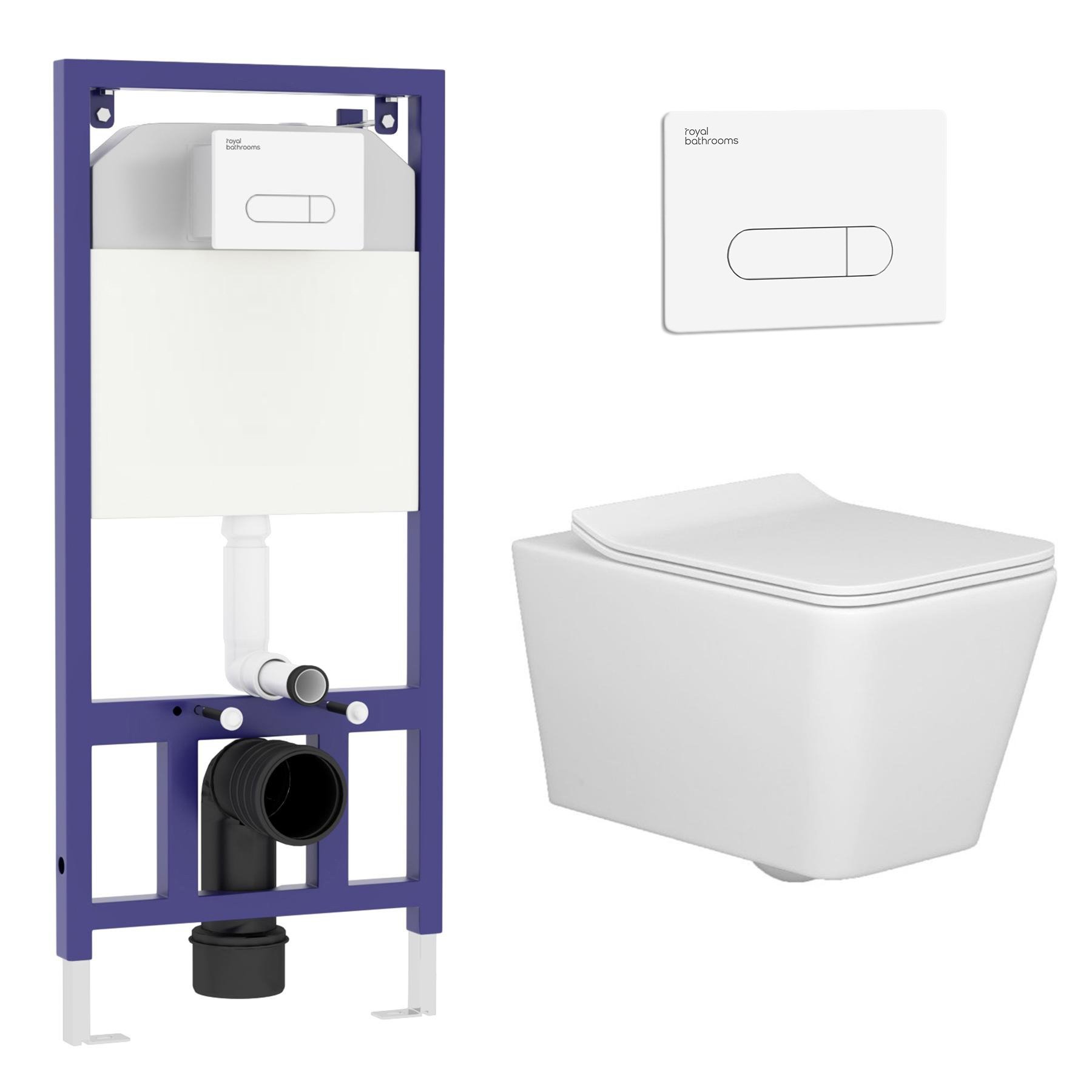 Elena Wall Hung Rimless Toilet with Slim Soft Close Seat & White Plate Aqua Wall Hung Frame