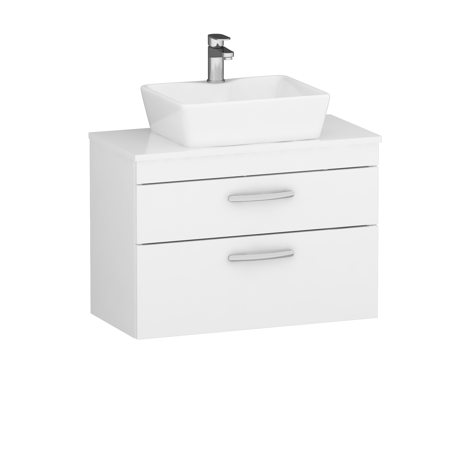 800mm Wall Hung Vanity Unit 2 Drawer Gloss White & Cube Countertop Basin 