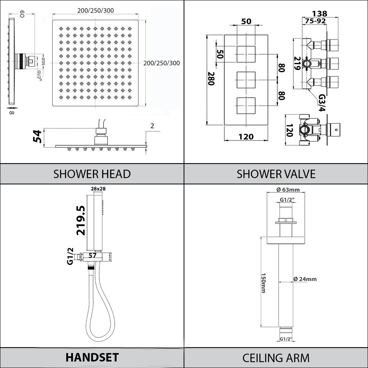 200mm Slimline Square Shower Head Set with Three Button Twin