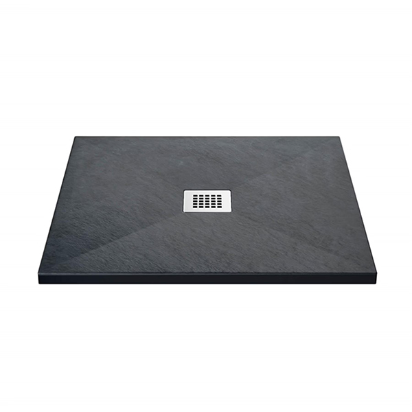 LuxeFlo Square Black Slate Effect Shower Tray With Silver Waste
