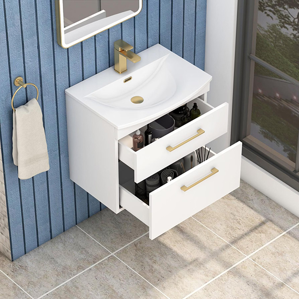 Marbella Gloss White 2 Drawer Wall Hung Vanity Unit With Curved Basin - Multiple Sizes & Handles