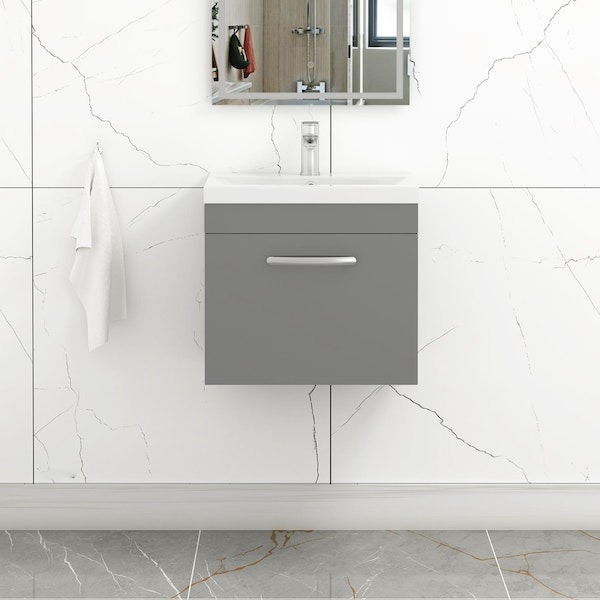  Turin 500mm Wall Hung Vanity Sink Unit 1 Drawer Indigo Grey Gloss - Mid-Edge Basin