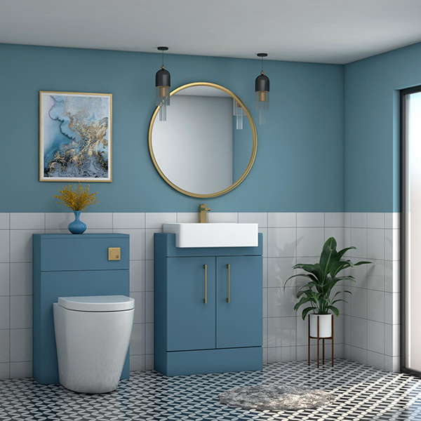 Modena 600mm Satin Blue Floor Standing Vanity Unit 2 Door With Semi Recessed Basin - Multiple Handles