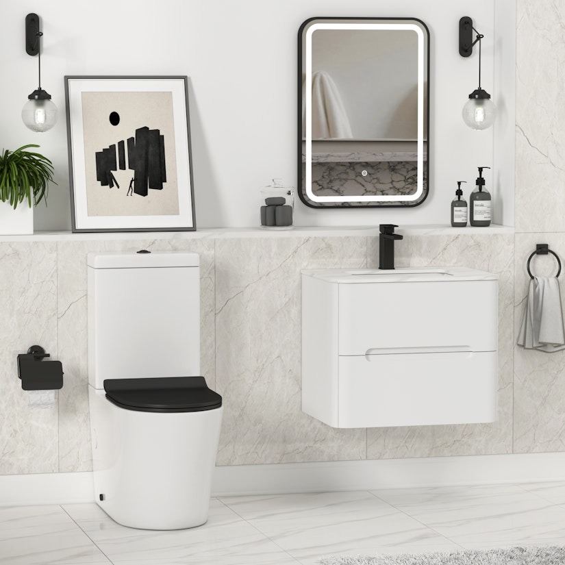 Close Coupled Rimless Toilet and Slim Soft Close Matt Black Seat with Cistern